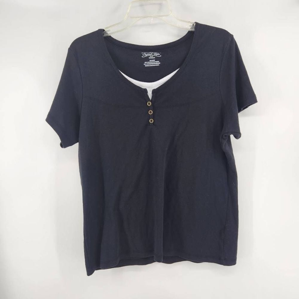 Crystal-Kobe Vintage Black Short Sleeve Faux Lined Button Tee Women's Plus 16/18